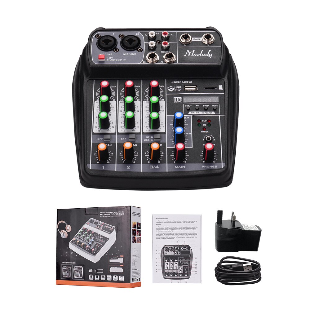 Mixing Console Digital Audio Mixer 4-Channel BT MP3 USB Input 48V Phantom Power for Recording DJ Network Live Broadcast Karaoke: Black UK PLUG