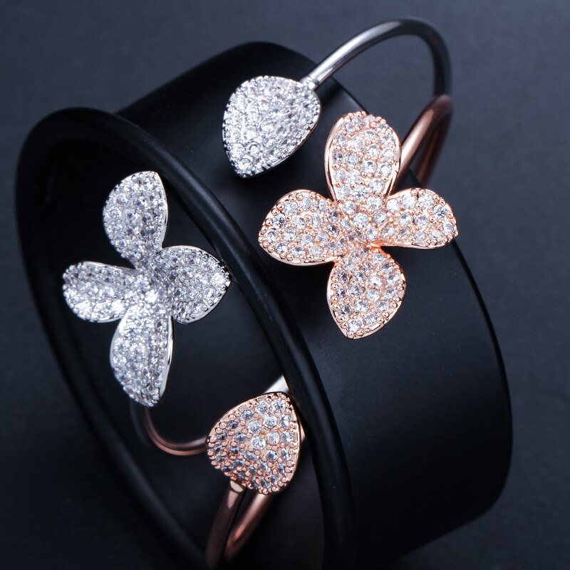 CWWZircons Famous Brand Jewelry Flower and Leaf Silver Color Micro Pave Cubic Zirconia Adjustable Bangle Bracelet BG014