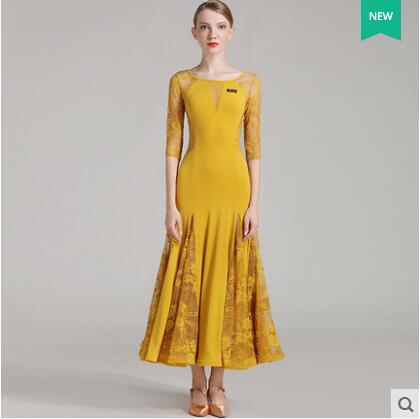 Spanish flamenco dress Woman ballroom waltz dresses Standard Ballroom dance dress Lace: Yellow / XXL