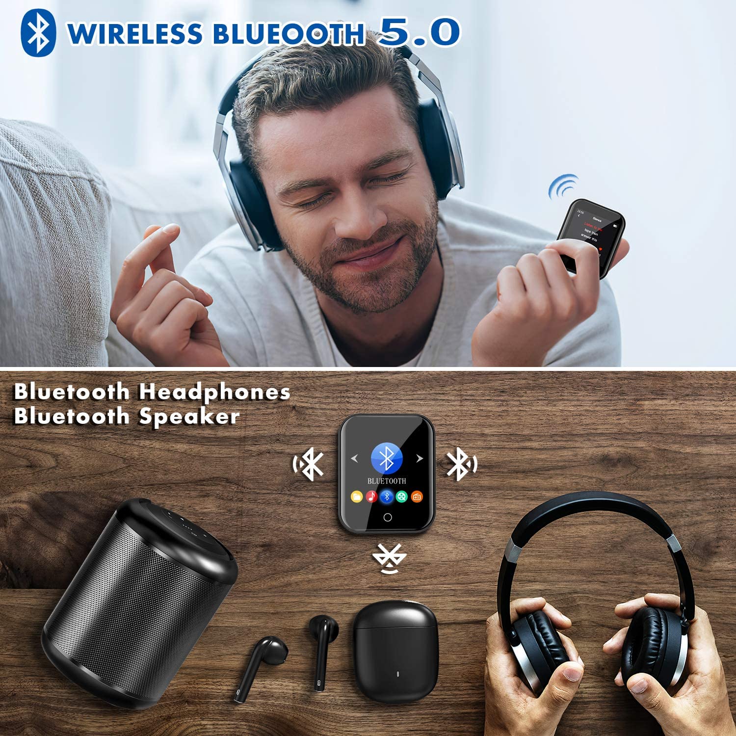 RUIZU MP3 Player Bluetooth M8 Detachable 1.6inch Full Touch Screen 16GB Wearable Music Player,Support External Playback Function