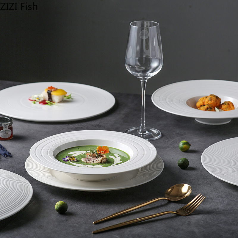 Assiette à dîner en céramique blanche, plats exquis de décoration, assiette à Steak et à Dessert, vaisselle ronde de cuisine pour la maison