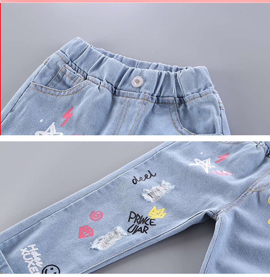 JYF – Jeans à imprimé de dessin animé pour enfants, pantalons longs décontractés avec trous, peinture Graffiti, printemps-automne