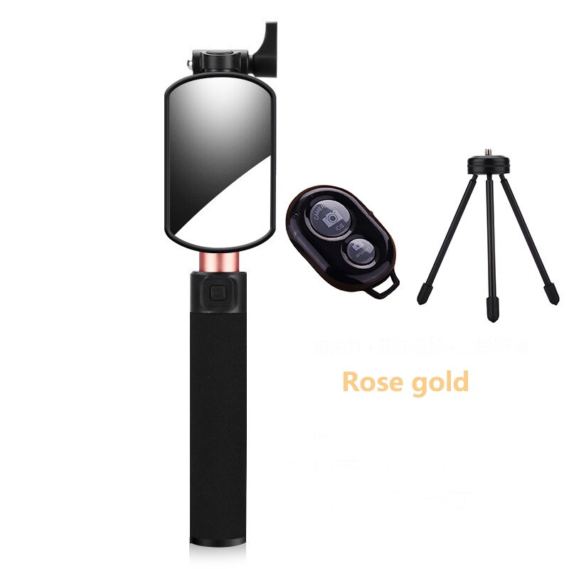 Handheld Wired Selfie Stick met Spiegel Uitschuifbare Monopod Mini Statief Bluetooth Remote voor Iphone Xiaomi Sumsang Smartphons: Rose gold