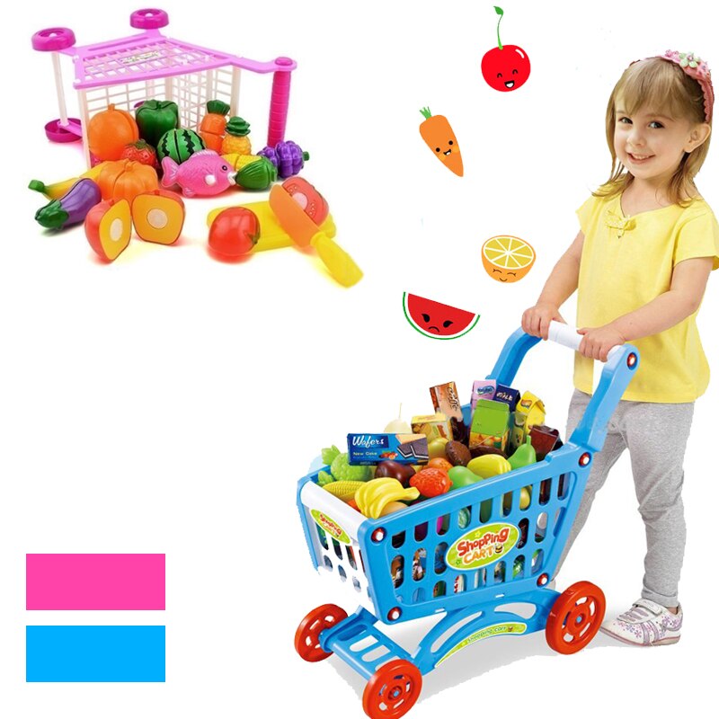 16Pcs Supermarkt Winkelwagentje Trolley Push Speelgoed Simulatie Fruit Groenten Pretent Play Boodschappen Speelgoed Voor Meisje Kids