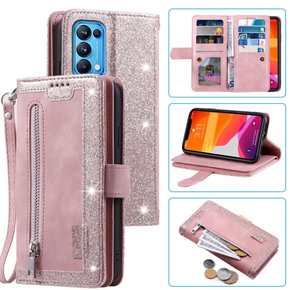 9 Cards Wallet Case for Oppo Find X3 Lite Case Card Slot Zipper Flip Folio with Wrist Strap Carnival for OPPO Reno 5 5G Cover