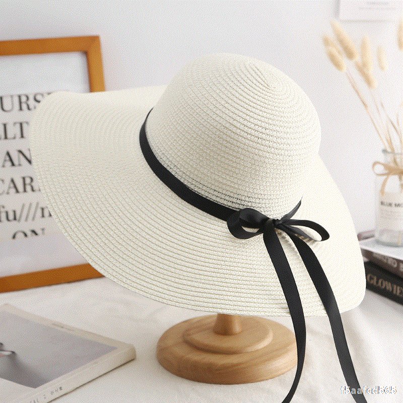 GOUTER-chapeau d'été résistant au soleil pour femmes, chapeau en paille pliable Portable à large bord, ruban de fête sur la plage, chapeau à nœud papillon: beige
