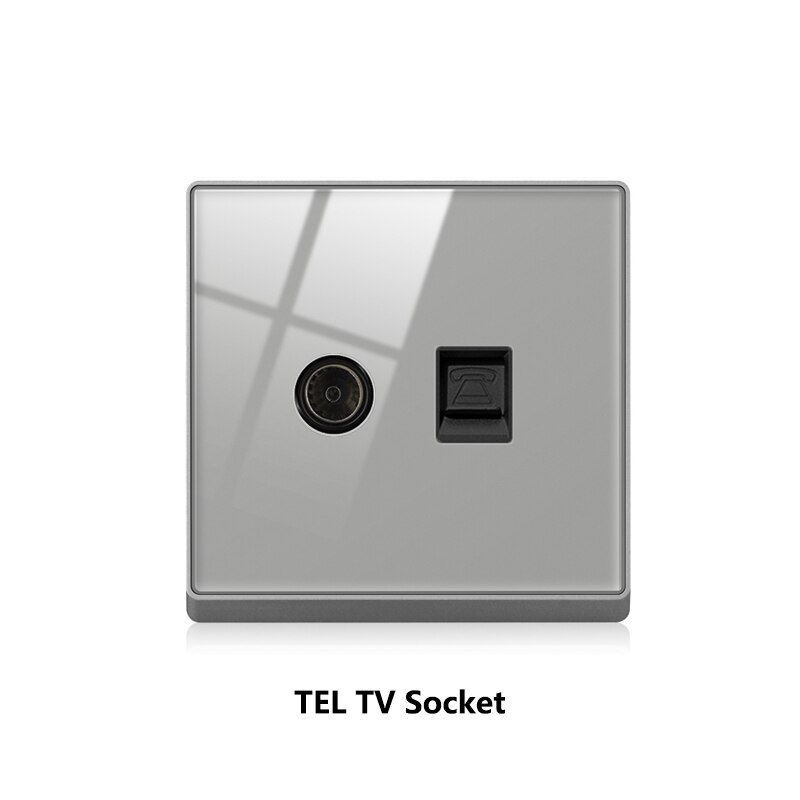 Atlectric Wall Socket Rj45 CAT5 Internet Outlet With TV Outlet Gray Crystal Glass Panel Double Computer Network Socket 86mm*86mm: 1P1T