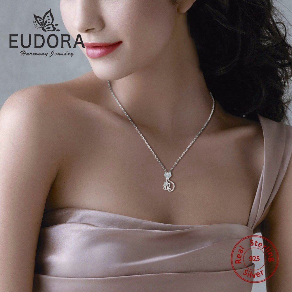 Eudora Genuine 925 Sterling Silver Necklaces Cats Pendants&Necklaces Sterling Silver 925 Kitty Necklace Jewelry Colar de