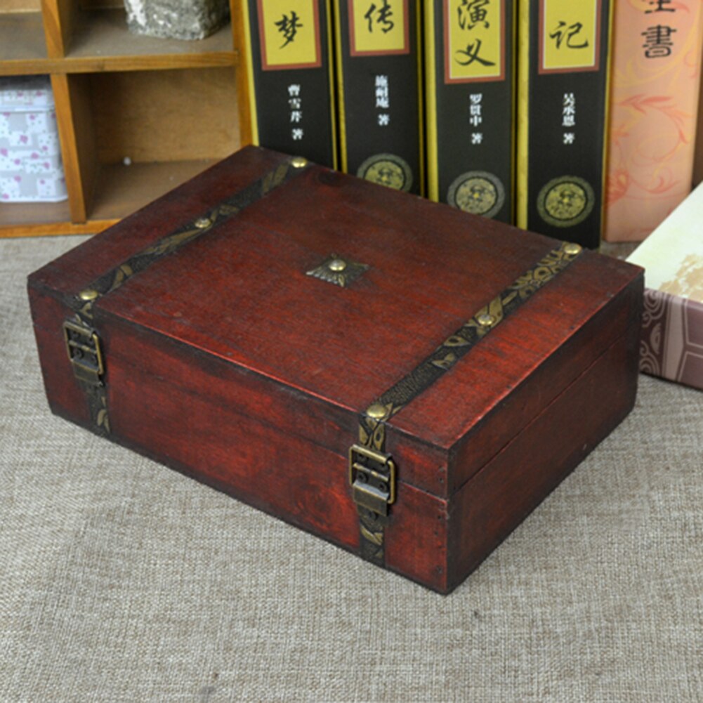 Vintage træ skattekiste opbevaringsboks lås organisator sag foldbar mini lille træ hjem indretning container trinket smykker bin