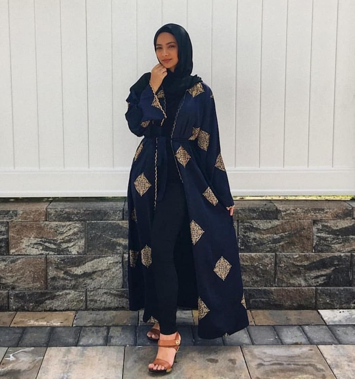Abaya Kimono robe dubaï Abaya pour femmes longue dinde musulmane longue robe bleu Vintage brodé dentelle Caftan Caftan Cardigan