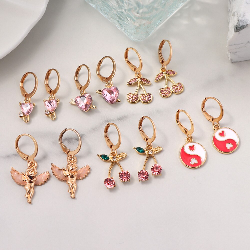 JUST FEEL 4Pcs/set Shiny Heart Crystal Earrings Female Multicolor Butterfly Cherry Earring Sets Statement Jewelry: 154601PK