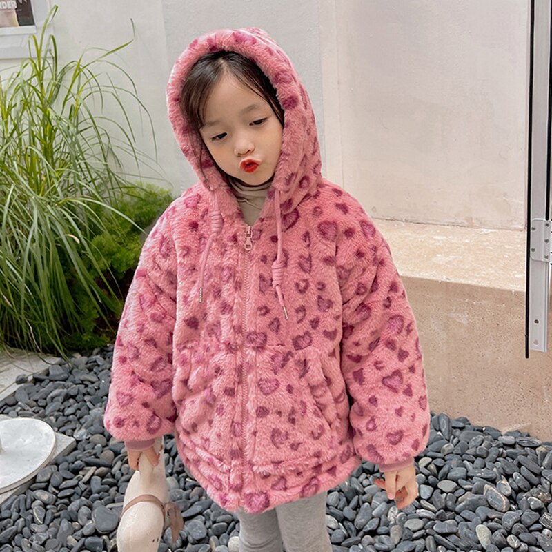 Girls Winter Hooded Jacket Fuzzy Thick Warm Pink Leopard Print Coat 3-7 Years Children Zipper Pink Outerwear Clothes: 7T