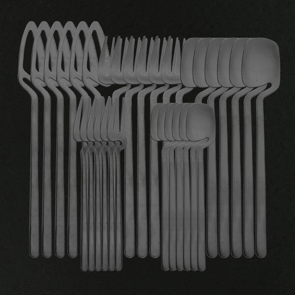 30Pcs Flatware Kitchen Cutlery Set Mat Black Dinnerware Set Knife Spoon Cake Fruit Fork 18/10 Stainless Steel Party Tableware