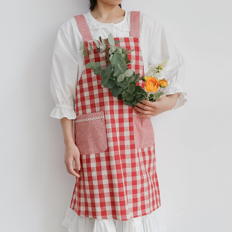 Japanse Stijl Katoen En Linnen Band Denim Rooster Geometrische Patroon Mouwloze Schort Volwassen Keuken Hand-Vegen Pocket Plaid: Red