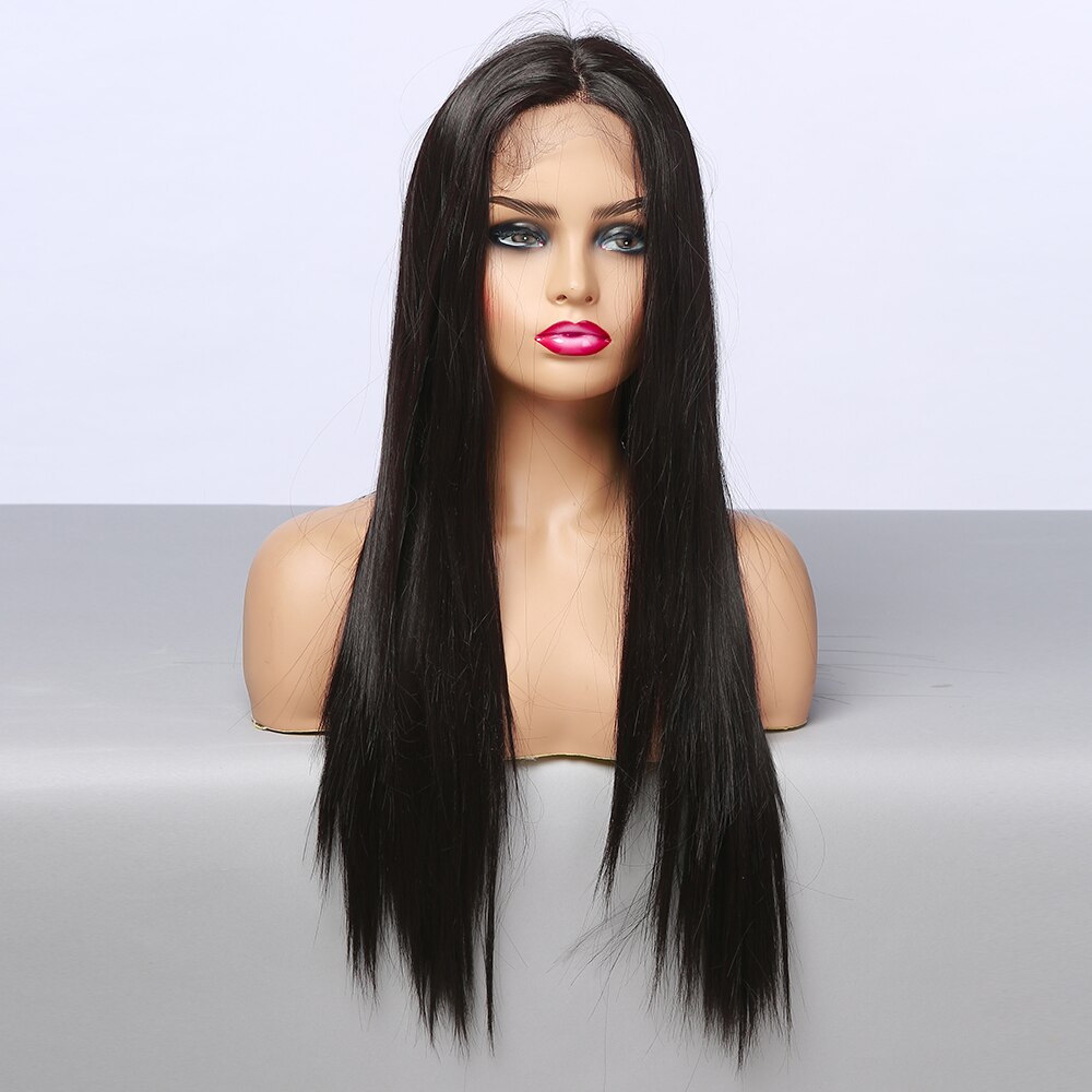ALAN EATON Middle Part Cosplay Black Lace Wigs for Women Natural Long Straight Synthetic Lace Front Hair Heat Resistant Fiber