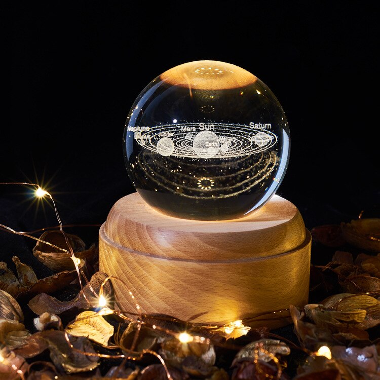 Music Box Crystal Ball Snow Globe Glass Lights Universe Moon Galaxy Earth Globe Crafts Home Desktop Decor for Valentine's Day: Solar system Globe