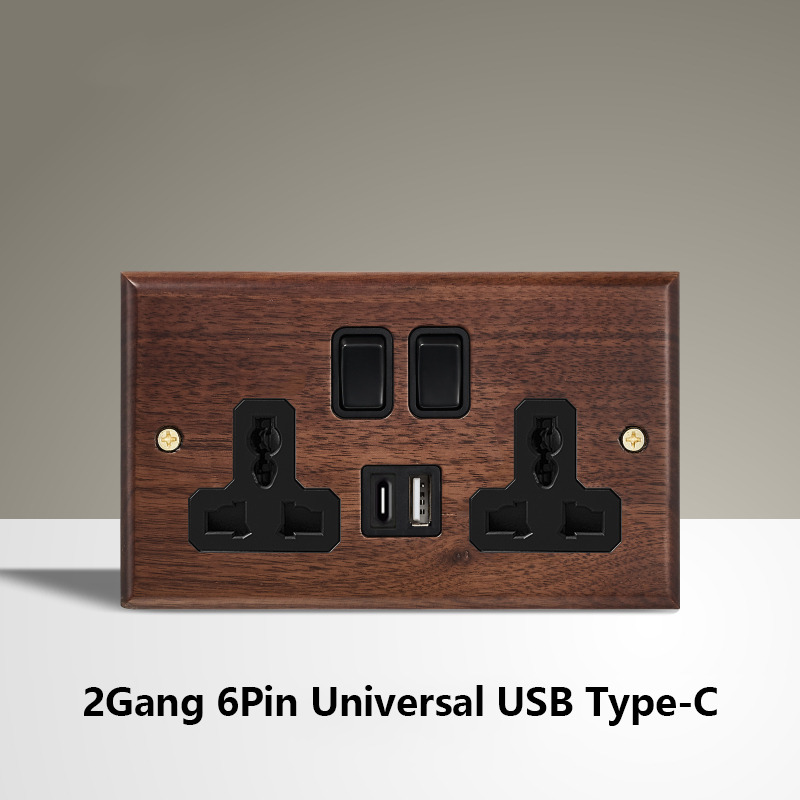 Black Walnut Wood Toggle Light Switch,Home retro Brass Panel,FR UK Universal Double USB Wall Electrical Socket Vintage Switch