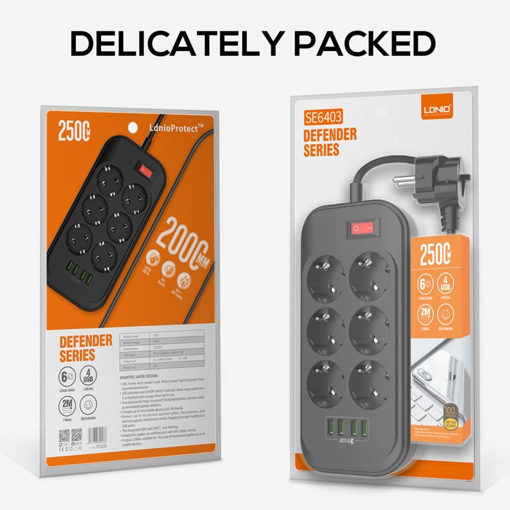 EU Smart Power Strip Socket 4 USB 6 AC Outlets,2M Power Cord Wall Charger Adapter for Home Office Global Multiple Power Sockets