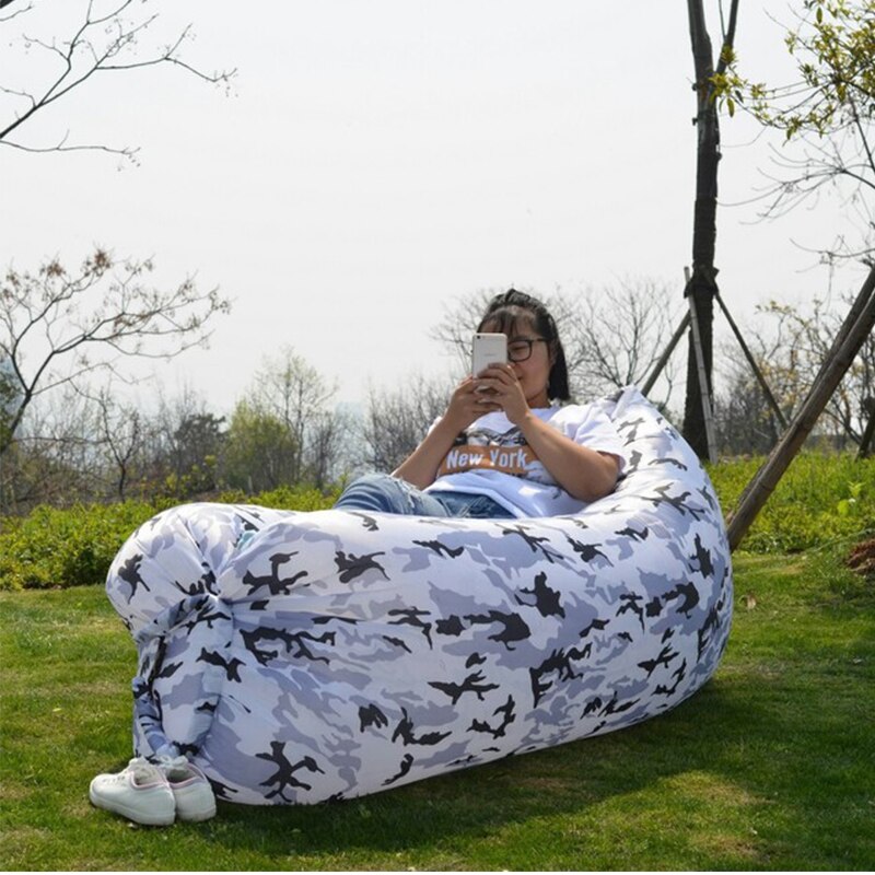 Trending god havesofa hurtig oppustelig luftsovesofa uopløselig airbag lazy bag strand lounge sofa stol sæde: Gråhvid camouflage