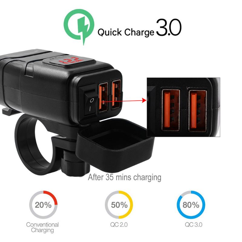 Adaptador SAE a USB de 12V con voltímetro, interruptor de encendido y apagado, desconexión de enchufe rápida para motocicleta, resistente al agua, USB QC3.0 Dual