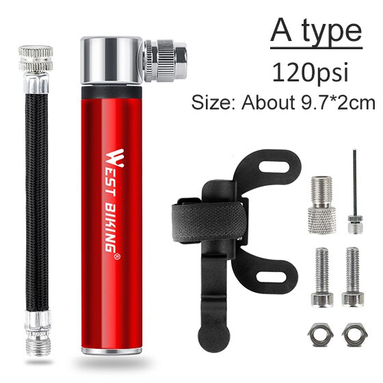 WEST BIKING Mini Bicycle Pump Tire Air Inflator Schrader Presta Valve Ball Needle Hose MTB Accessories Portable Hand Bike Pump: Red
