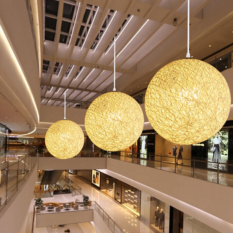 2 Pack Rattan and Hemp Ball Chandelier Individual Creativity Spherical Rattan Nest Lampshade