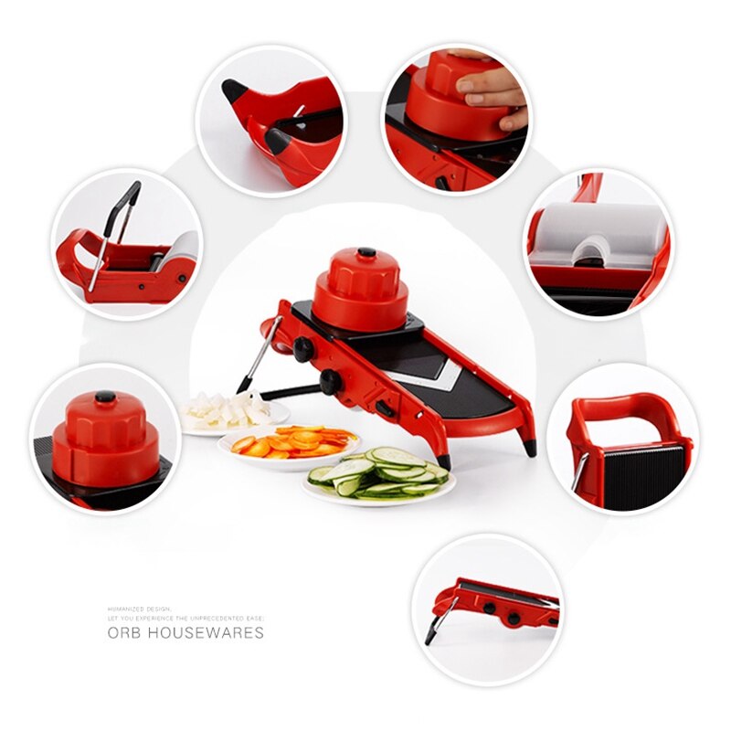 SHGO -Kitchen All in 1 V-Blade Adjustable Mandoline Slicer Vegetable Slicer and Chopper Cheese Slicer Red