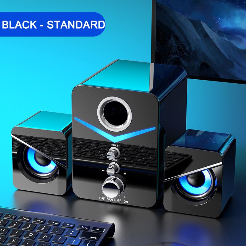 3PC Subwoofer Computer Combination Speakers Bass Stereo Music Player USB Wired LED Bass Stereo Player For Laptop PC: Black standard