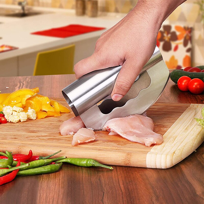 Mezzaluna-cuchillo de acero inoxidable para ensaladas, doble hoja, cubiertas protectoras, utensilios de cocina