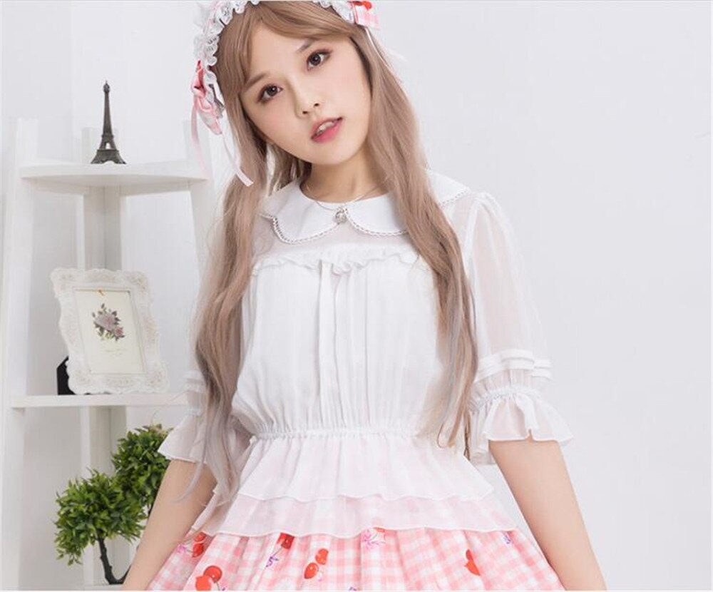 Sød kronbladskrave dame chiffon top halv gennemsigtige ærmer lolita bluse  b343