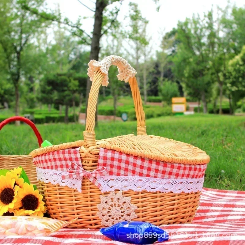 Cestas de frutas para Picnic y acampada, organizador de alimentos, cesta grande hecha a mano, asa de mano de mimbre Retro, cesto de almacenamiento tejido de sauce para exteriores: Rojo