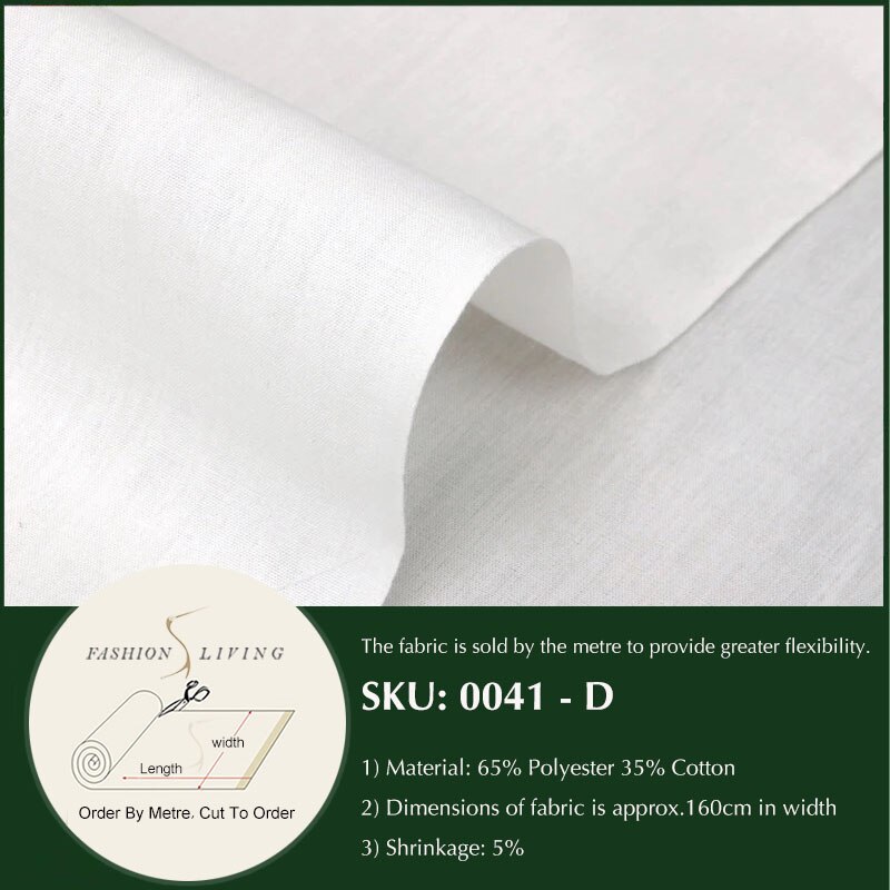 Vintage Solid Cotton Lining Fabric Plain White Cotton Fabric Texture Cotton Polyester Blend Fabric By the meter: D (160cm Wide)