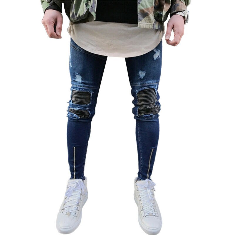 Männer Gerissen Ausgefranst Dünne Jeans Hosen schlank passen betrübt Denim Hosen BöHöhle: dunkel Blau / 28