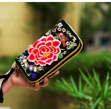 Britt etnisk stil dobbelt broderet dobbelt pull pung damebroderet dobbelt lynlås pung