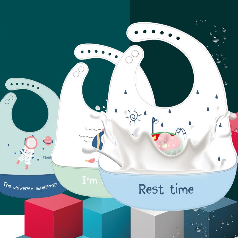 Warmom-Baberos de silicona impermeables para bebé, bolsa de Saliva para niños, accesorios desechables para bebé, babero ajustable de dibujos animados, suave y cómodo