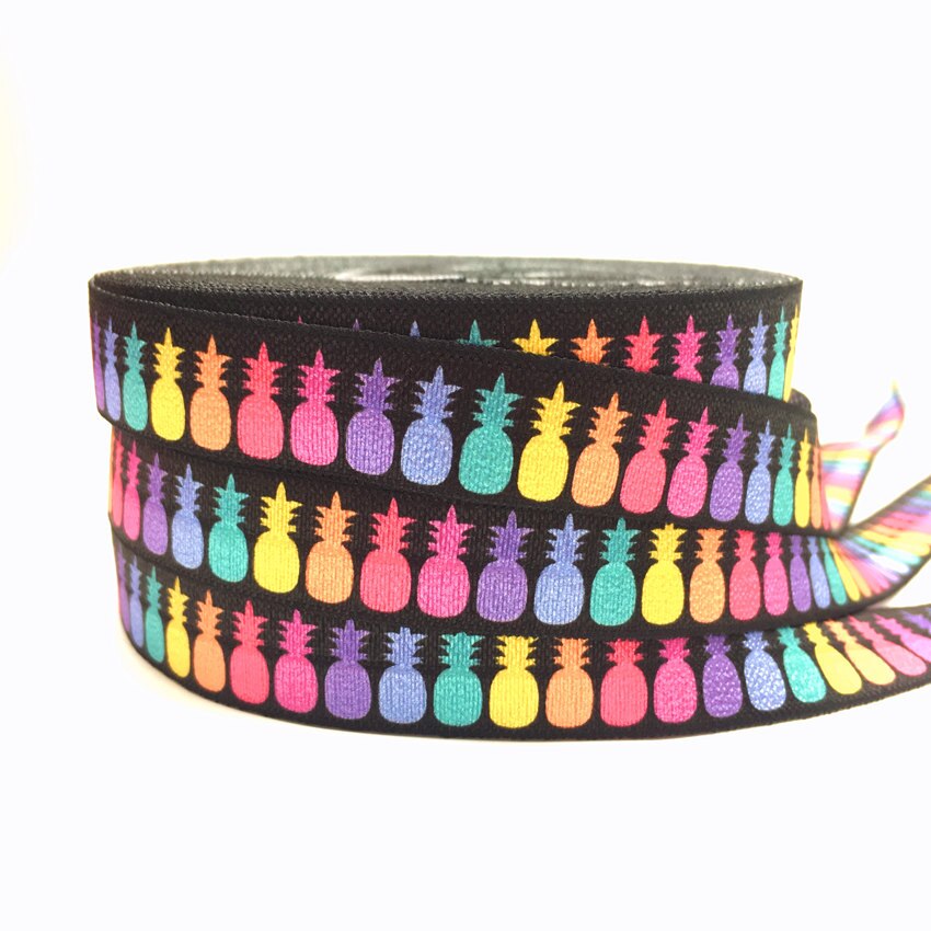 5 Yards 16mm Kleurrijke Ananas Gedrukt Vouw over elastische FOE Hand Ambachten Accessoires DIY Haar das elastische banden