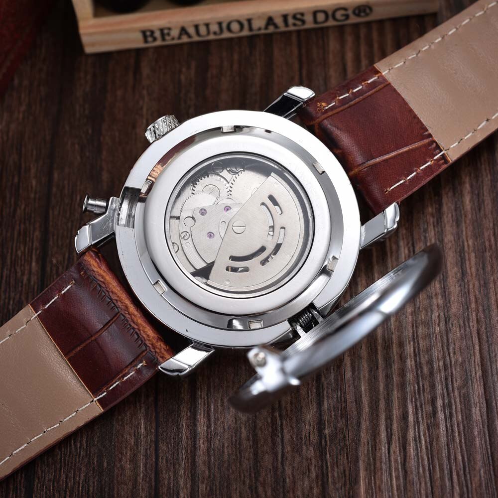 Skeleton Mechanical Watches Men Clamshell Photo Embedding Watches GOER Leather Band Automatic Watches Men