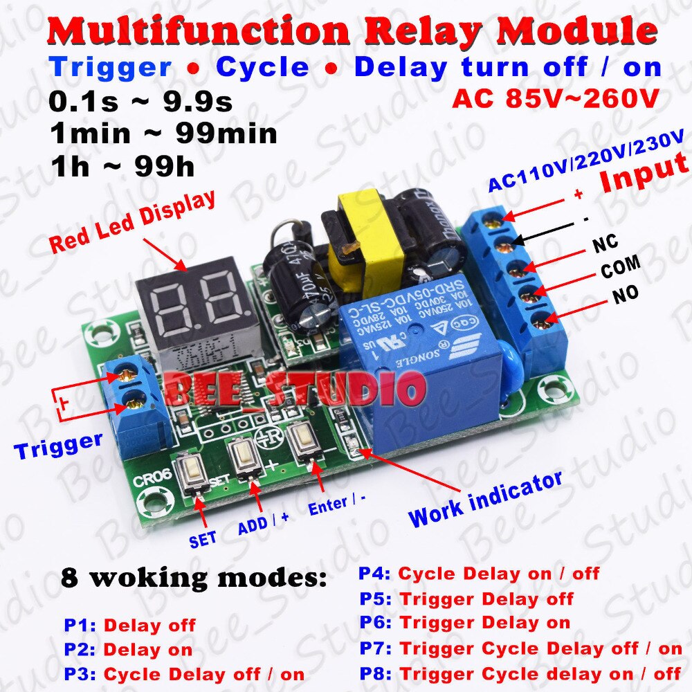 AC 110V 220V 230V Digital LED Zyklus Verzögerung Timer zyklus trigger Relais Schalter Drehen AUF/OFF modul Einstellbar 0,1 S zu 99H