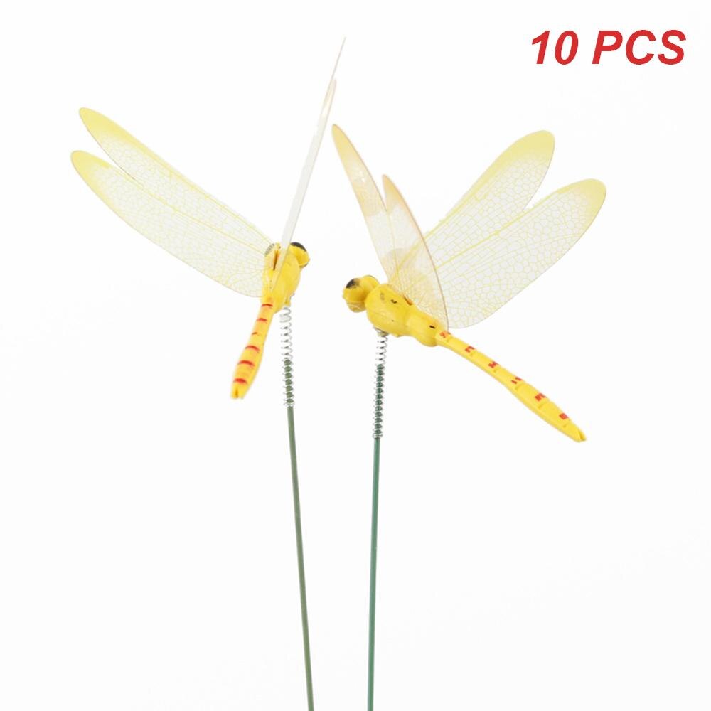 10pcs/set 3D Artificial Dragonfly Garden Decoration Outdoor Simulation Dragonfly Stakes Yard Plant Lawn flower pot Decor Stick: YELLOW