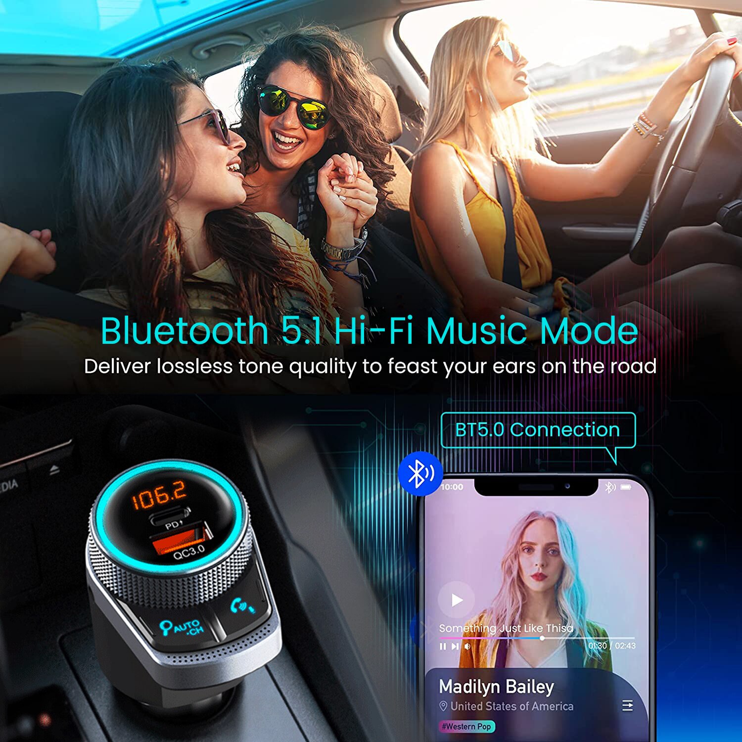 JINSERTA Car Bluetooth 5.1 FM Transmitter Wireless Kit Handsfree Mp3 Player Lossless Music Play USB QC3.0 PD24W Quick Charger