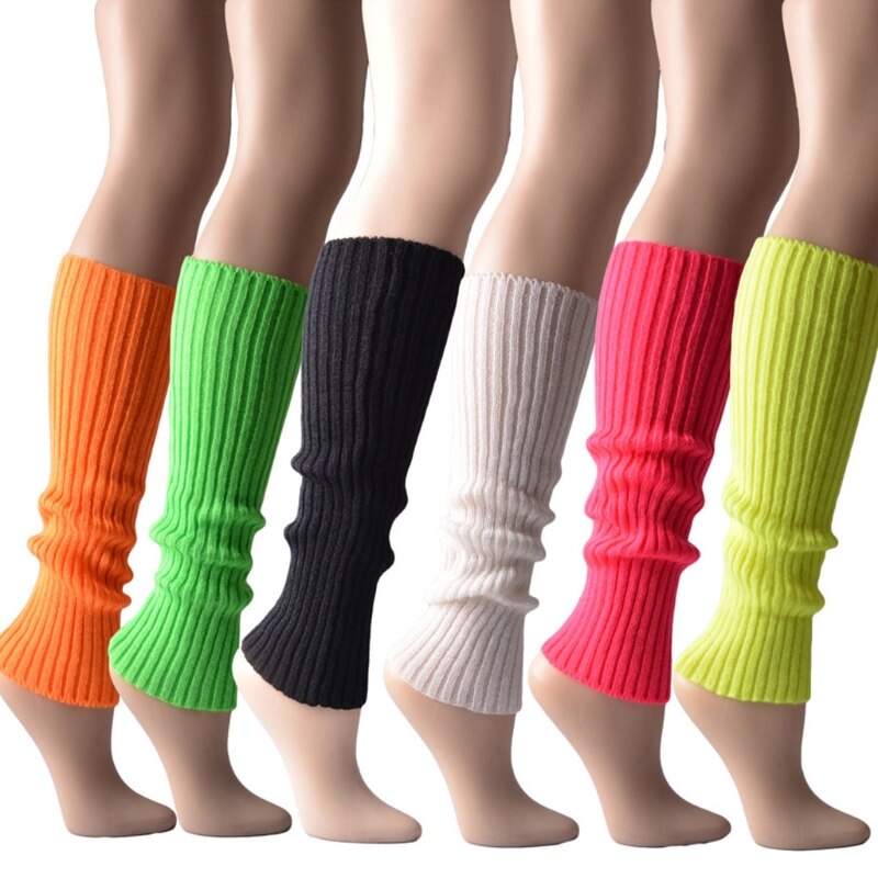 Women 80s Fluorescent Neon Colored Knit Leg Warmers Ribbed Crochet Bright Footless Socks Stockings Halloween Dance Party