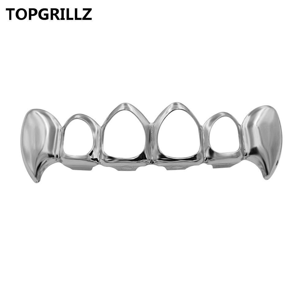 TOPGRILLZ Vergoldeter Hüfte-hüpfen-Zahngrill, oberer und unterer Grill, Hüfte-hüpfen-Bling-Hohlvampirzähne für Halloween: Nachgemachter Rhodium überzogen