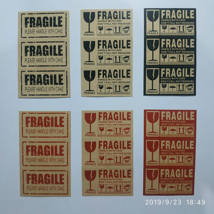 500pcs/lot Fragile Warning Glossy Label Kraft Sticker 9x5cm Fragile Handle Care Keep Dry Black Red Colors