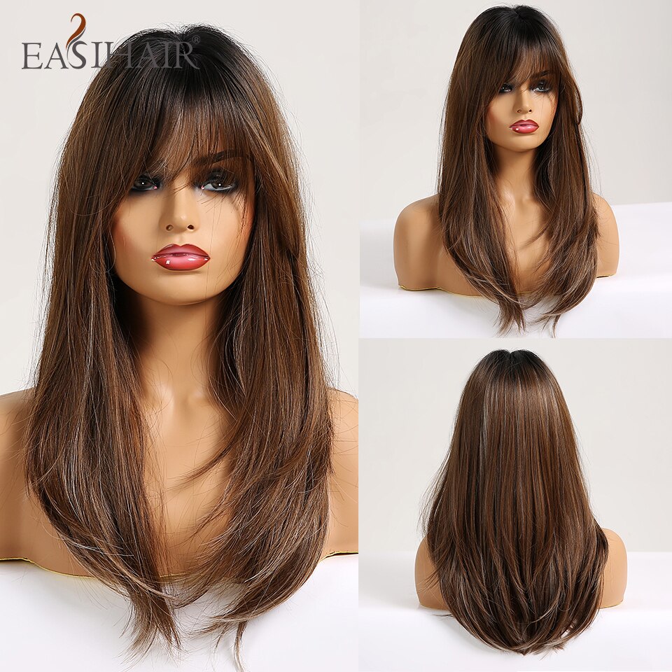 EASIHAIR Long Brown Ombre Straight Wigs with Bangs Synthetic Wigs for Women Daily Natural Hair Wigs Heat Resistant Cute Cosplay