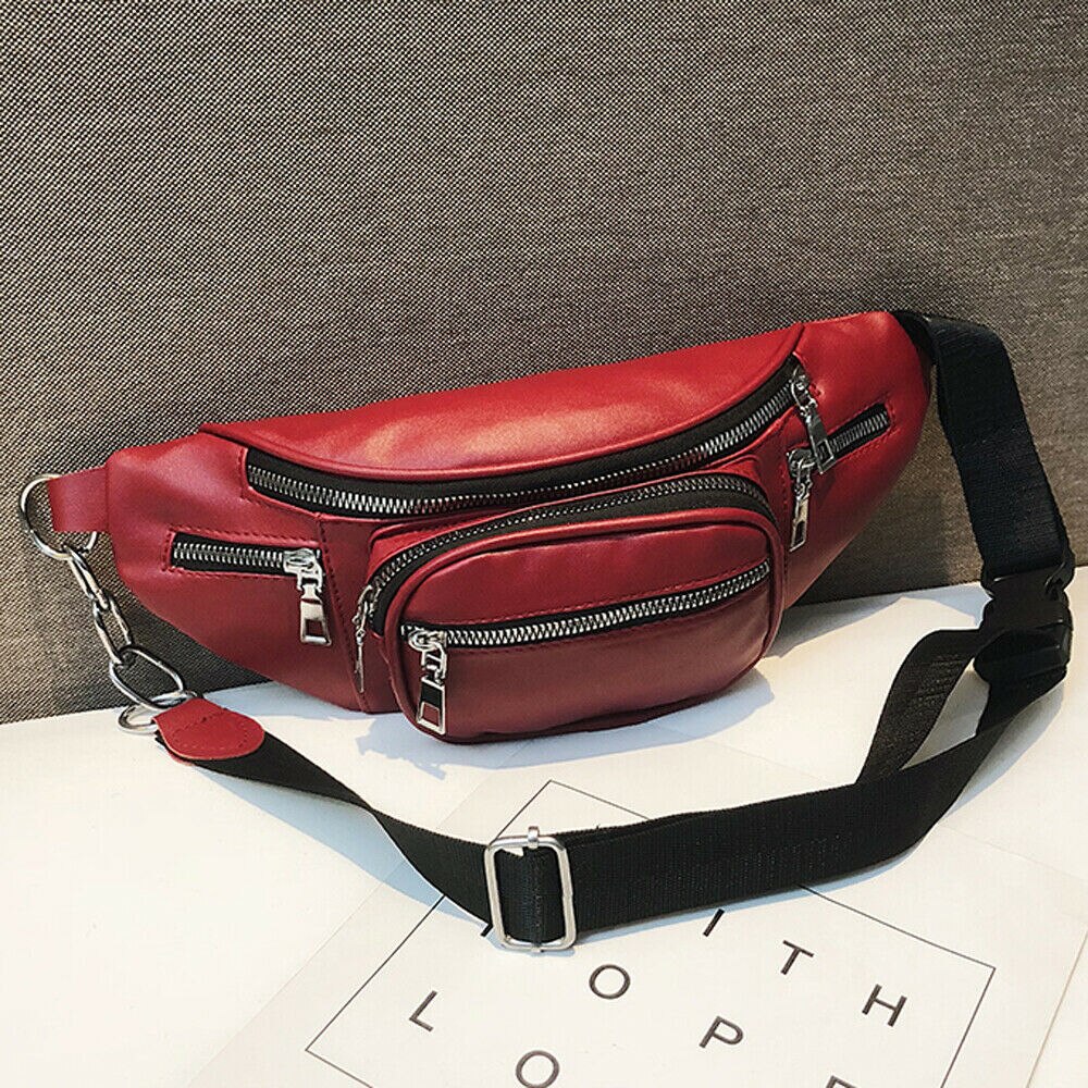 Women's Waist Belt Bag Solid Leather Fanny Pack Shoulder Chest Bag Travel Small Large Capacity Phone Pouch: Red