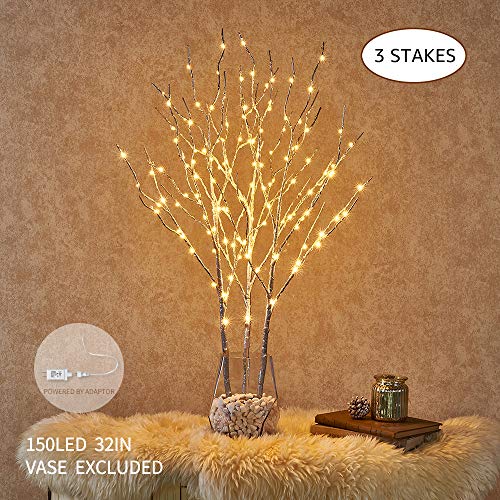 3Pack Pre Lit Artificial Brown Twig Branch with Fairy Lights 150LED Plug in Lighted Willow Branch for Christmas Indoor Outdoor: Silver / UK plug