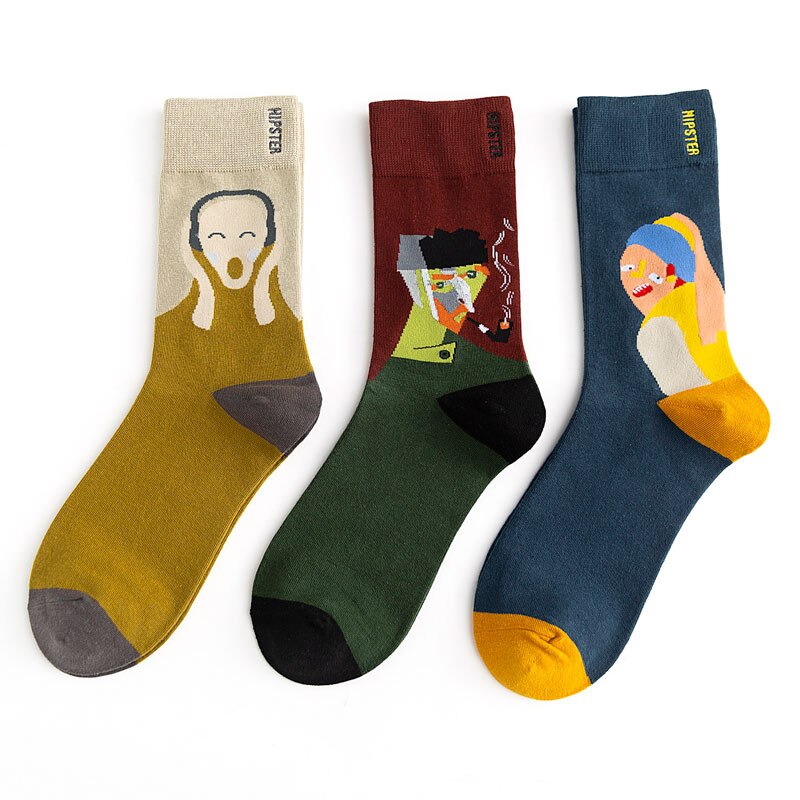 Unisex Oil Painting Style Women Socks 100 Cotton Harajuku Colorful Mid Socks Women 1 Pair Size 35-43 Christmas