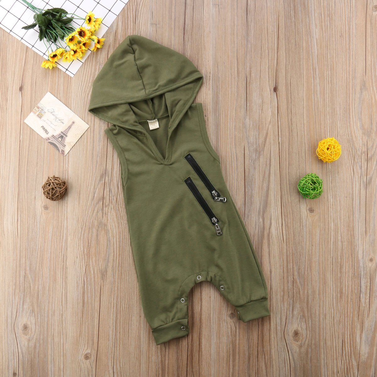 Army Green Newborn Baby Boy Girl Sleeveless Hooded Romper Jumpsuit Loose Outfits Baby Clothes