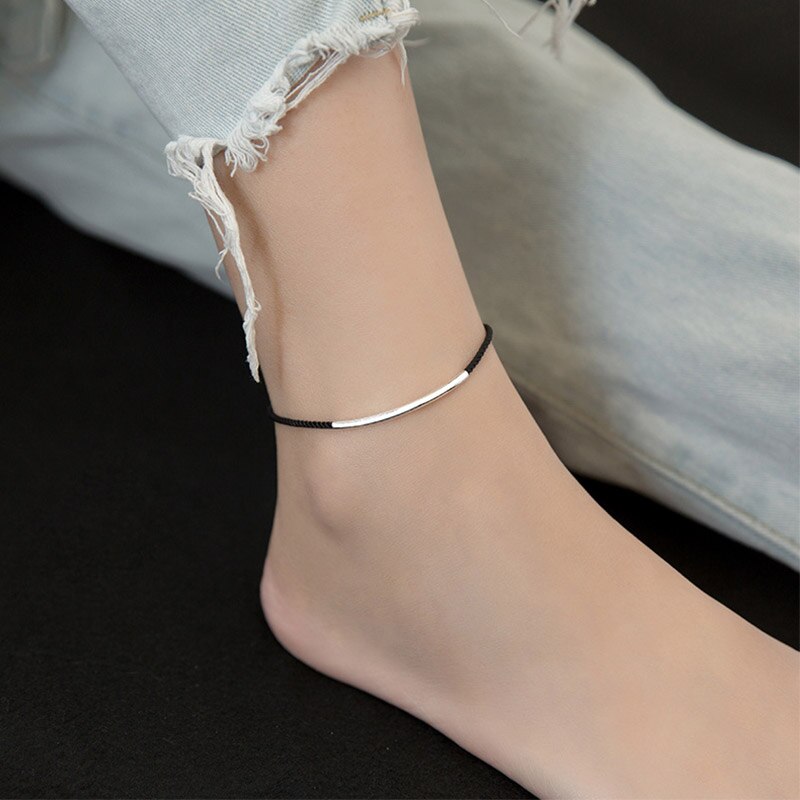 AIFENAO braccialetti alla caviglia con ciondolo a forma di filo rosso a tubo lungo in argento Sterling 925 per donna cavigliere in corda gioielli per donna all'ingrosso: black Silver Anklet