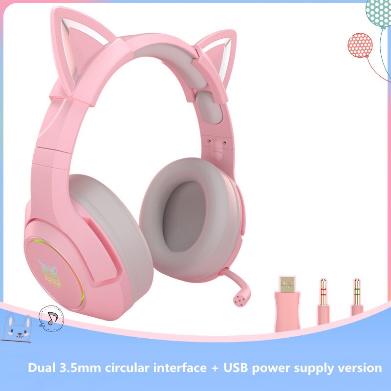 （original box）onikuma  k9 pink cute cat ear hovedtelefon med mikrofon gaming headset og støjreducerende med led lys: Pink -3.5mm stik